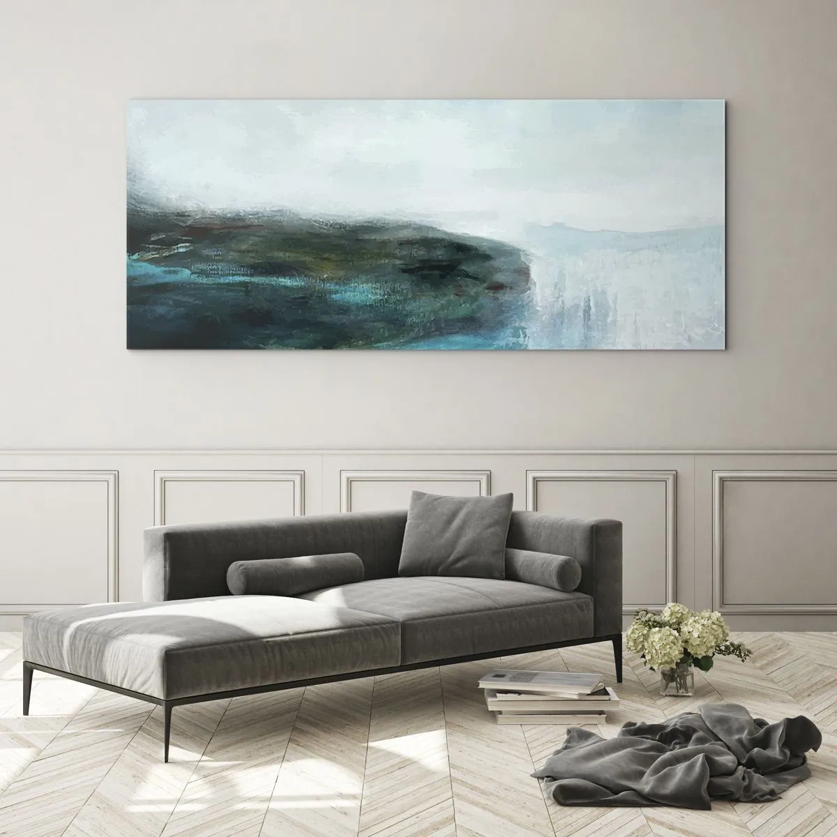 Impression sur verre - Image sur verre - Paysage abstrait dans les tons turquoise et gris - 120x50cm - Abstraction nautique - Décoration murale moderne pour le salon et la chambre ARTTOR