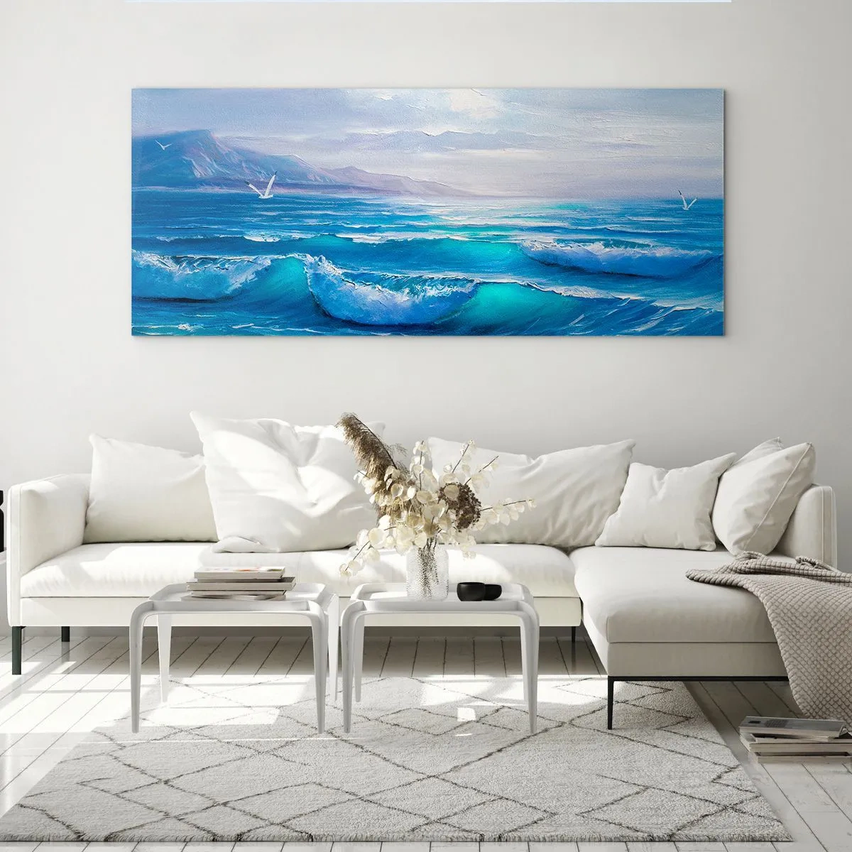 Impression sur verre - Image sur verre - Un paysage marin pittoresque avec des vagues et un ciel bleu - 120x50cm - Il apporte un soulagement - Décoration murale moderne pour le salon et la chambre ARTTOR