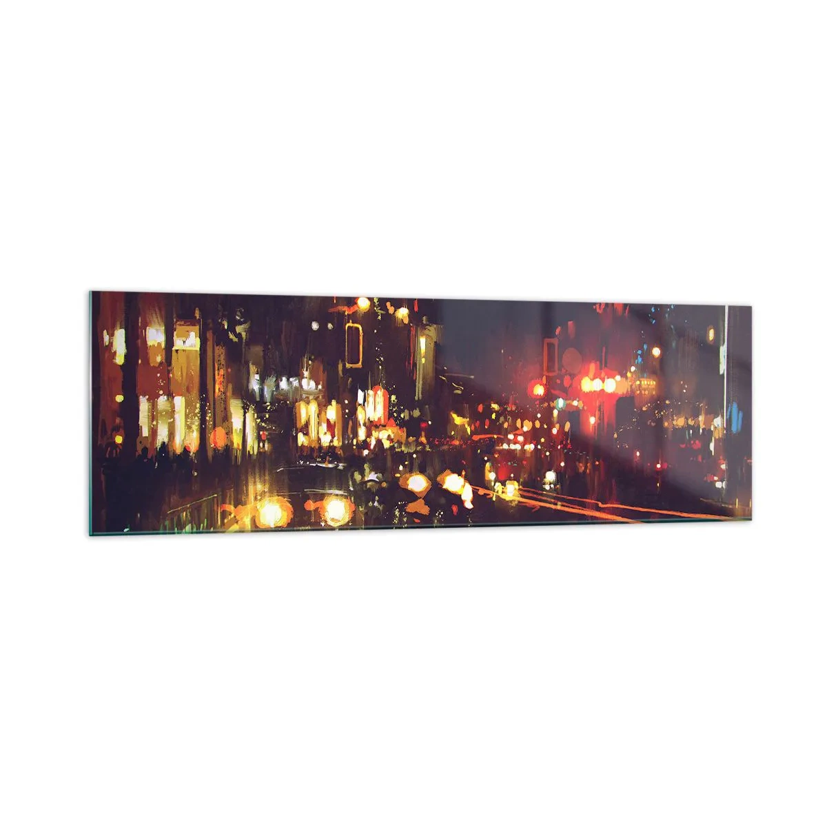 Impression sur verre - Image sur verre - Scène de ville nocturne avec des lumières colorées et des reflets dans la rue - 160x50cm - Immergé dans les lumières de la nuit - Décoration murale moderne pour le salon et la chambre ARTTOR