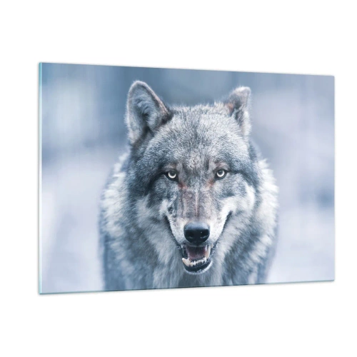Impression sur verre - Image sur verre - Un loup au regard perçant sur fond de forêt enneigée - 120x80cm - Relèverez-vous le défi ? - Décoration murale moderne pour le salon et la chambre ARTTOR