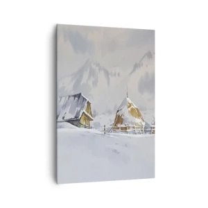 Impression sur toile - Image sur toile - Paysage d'hiver avec un chalet et des meules de foin dans les montagnes - 70x100cm - Dans une vallée enneigée - Décoration murale moderne pour le salon et la chambre ARTTOR