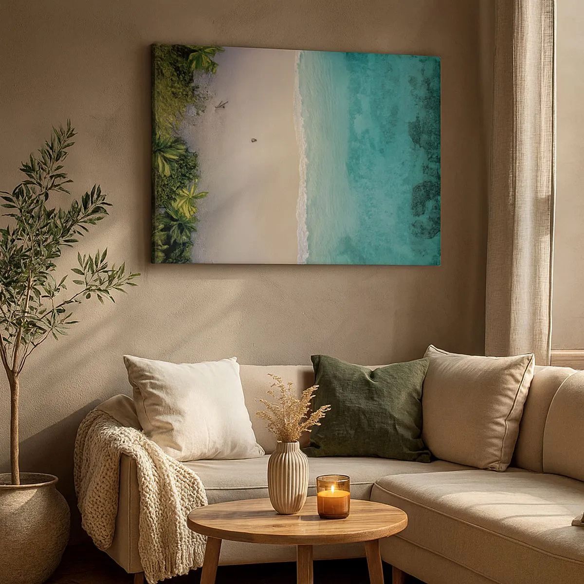 Impression sur toile - Image sur toile - Vue aérienne d'une plage tropicale aux eaux turquoises - 70x50cm - Plage paradisiaque - Décoration murale moderne pour le salon et la chambre ARTTOR