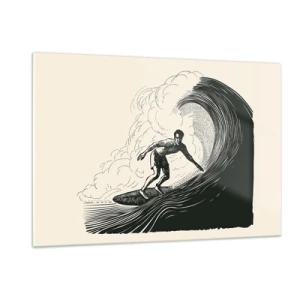 Impression sur verre - Image sur verre - Surfeur chevauchant une haute vague dans un style de dessin rétro - 120x80cm - Le roi de la vague - Décoration murale moderne pour le salon et la chambre ARTTOR