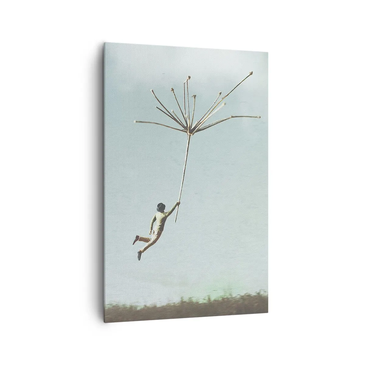 Impression sur toile - Image sur toile - Une silhouette soulevée par une grosse graine de pissenlit - 80x120cm - Cerfs-volants, pissenlits, vent - Décoration murale moderne pour le salon et la chambre ARTTOR