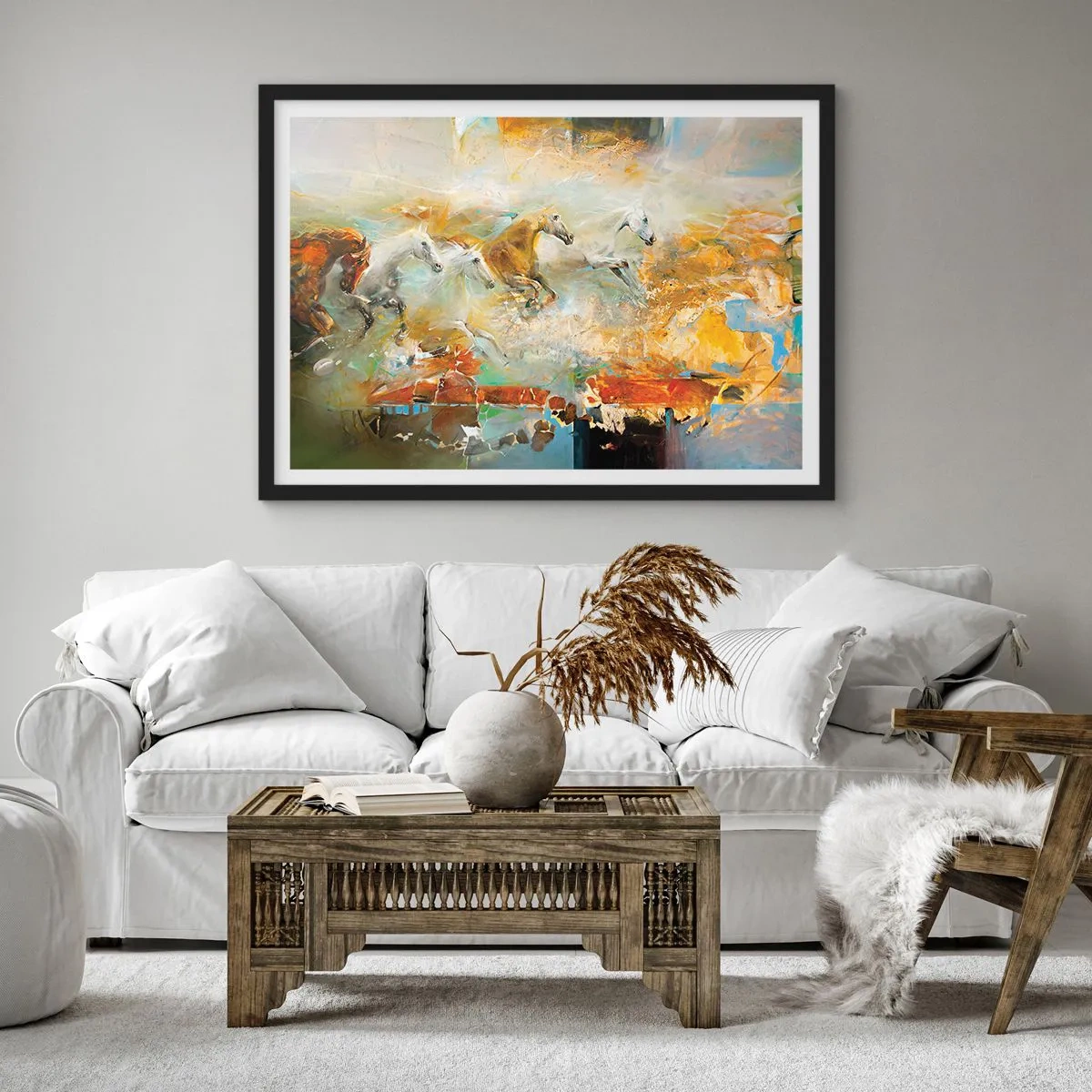 Affiche dans un cadre noir - Poster - Des chevaux artistiques dans un cadre dynamique et coloré - 70x50cm - Au galop vers la lumière - Décoration murale moderne pour le salon et la chambre ARTTOR