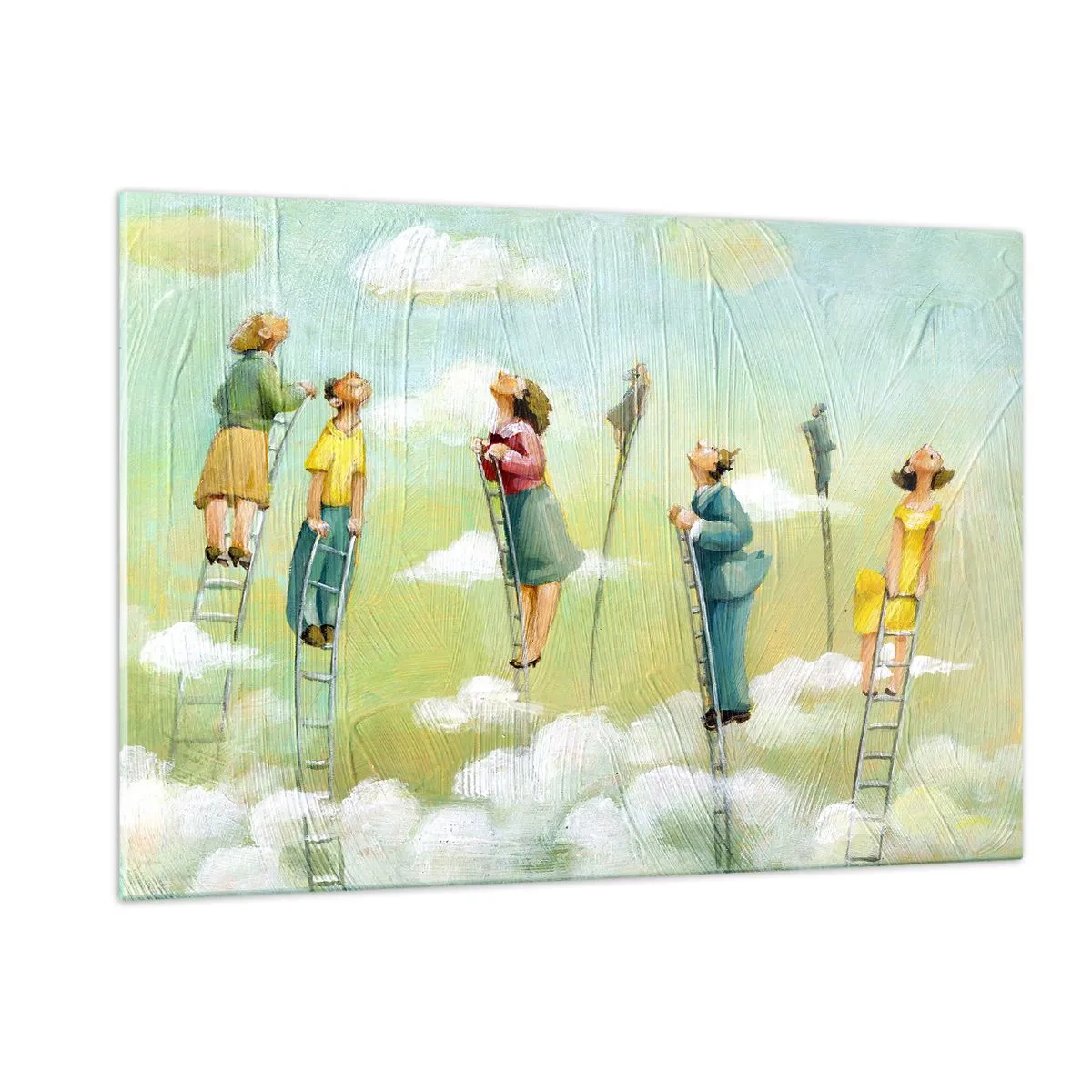 Impression sur verre - Image sur verre - Des personnages grimpant aux échelles parmi les nuages - 120x80cm - Derrière ton rêve - Décoration murale moderne pour le salon et la chambre ARTTOR