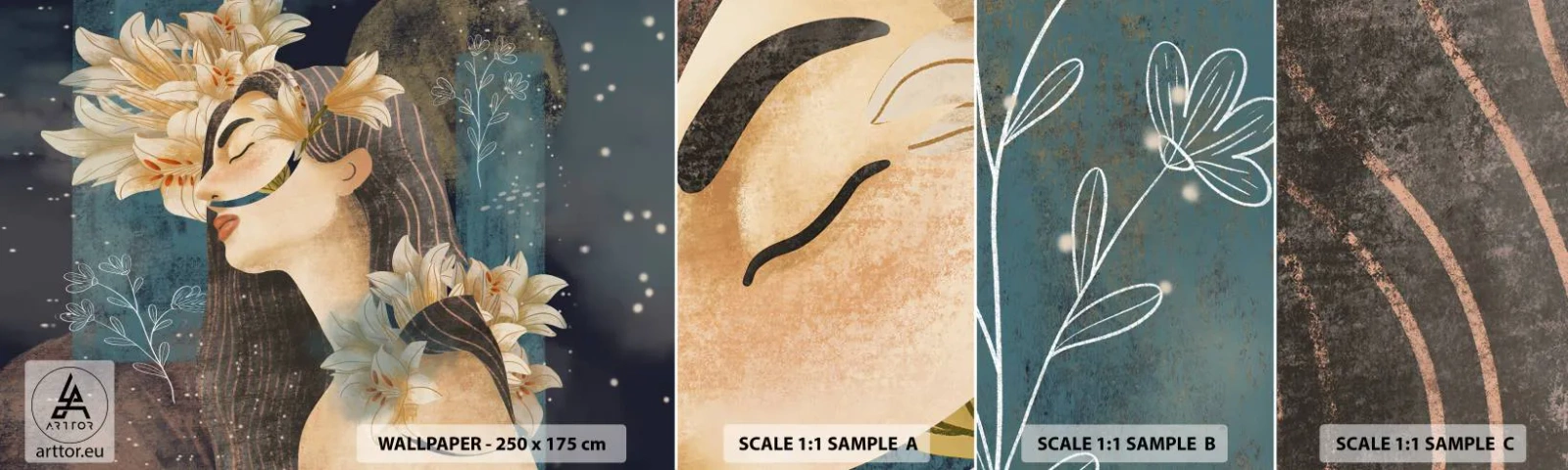 Échantillon De Papier Peint Standard Eco - Conte de fée sur la princesse lilas - Abstraction, Femme, Fleurs - 100x30 cm