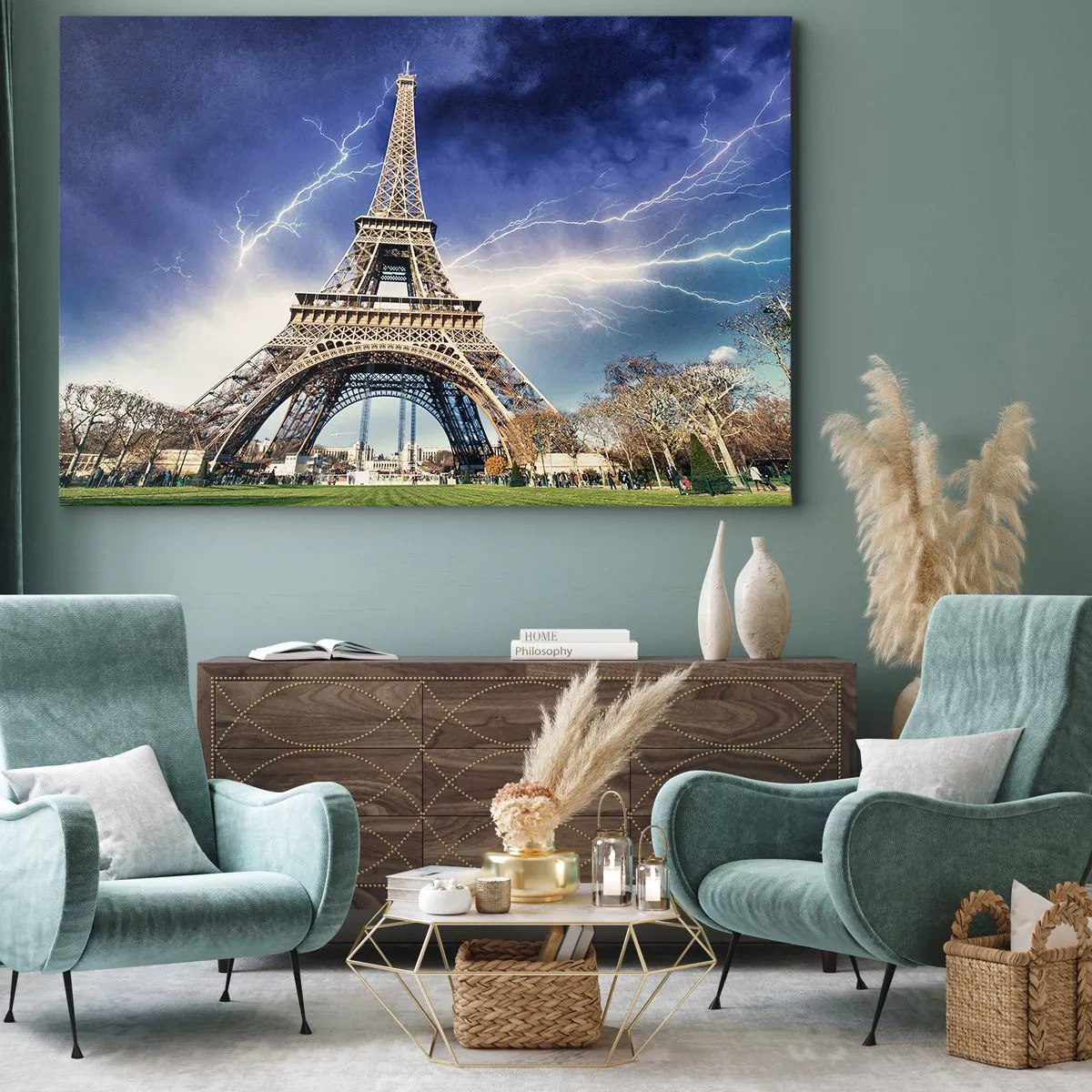 Impression sur toile - Image sur toile - La Tour Eiffel avec un ciel orageux et des éclairs en arrière-plan - 70x50cm - Maître des tempêtes - Décoration murale moderne pour le salon et la chambre ARTTOR