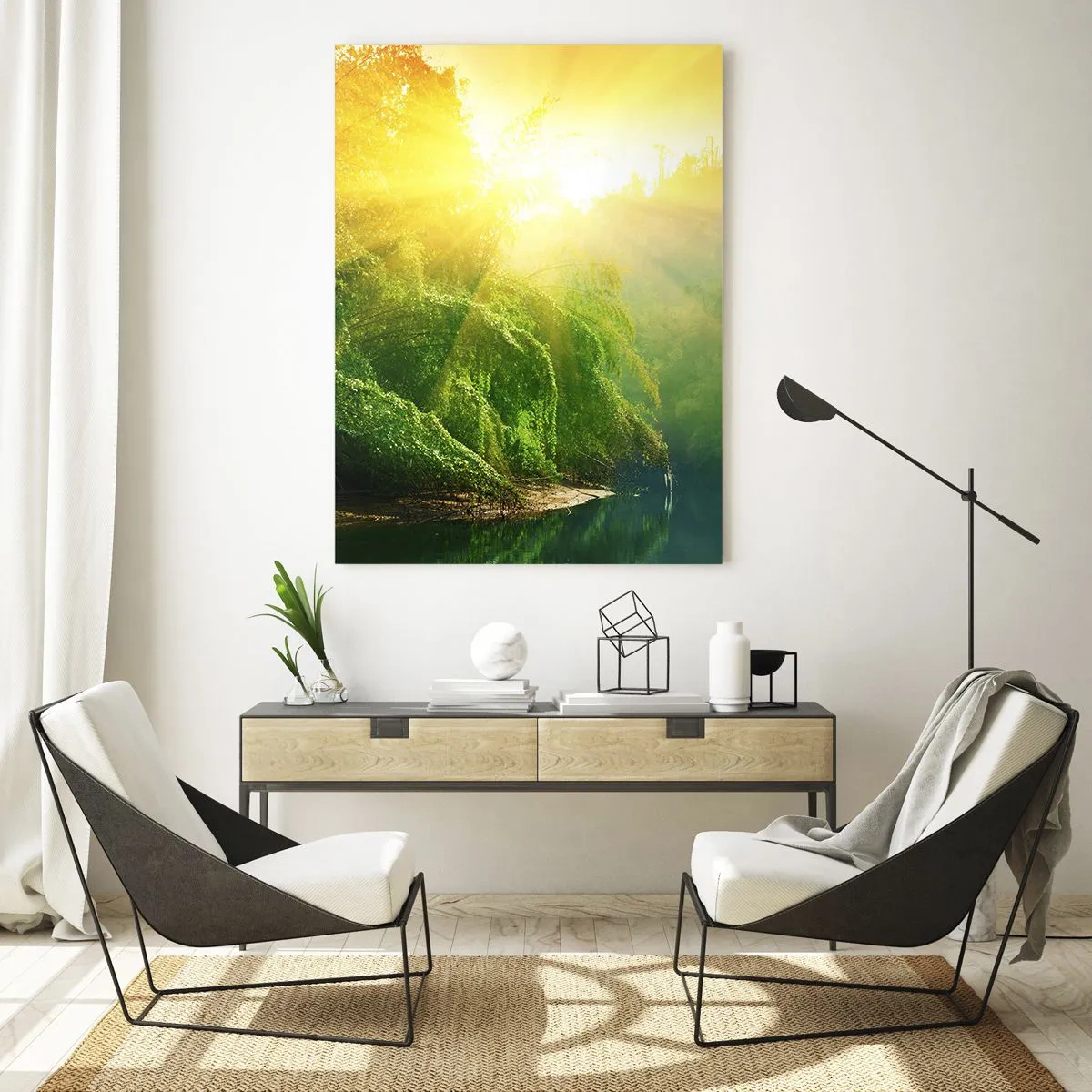 Impression sur verre - Image sur verre - Une forêt verte au bord de la rivière, illuminée par les rayons du soleil levant - 80x120cm - Se noyer au soleil et à l'ombre - Décoration murale moderne pour le salon et la chambre ARTTOR