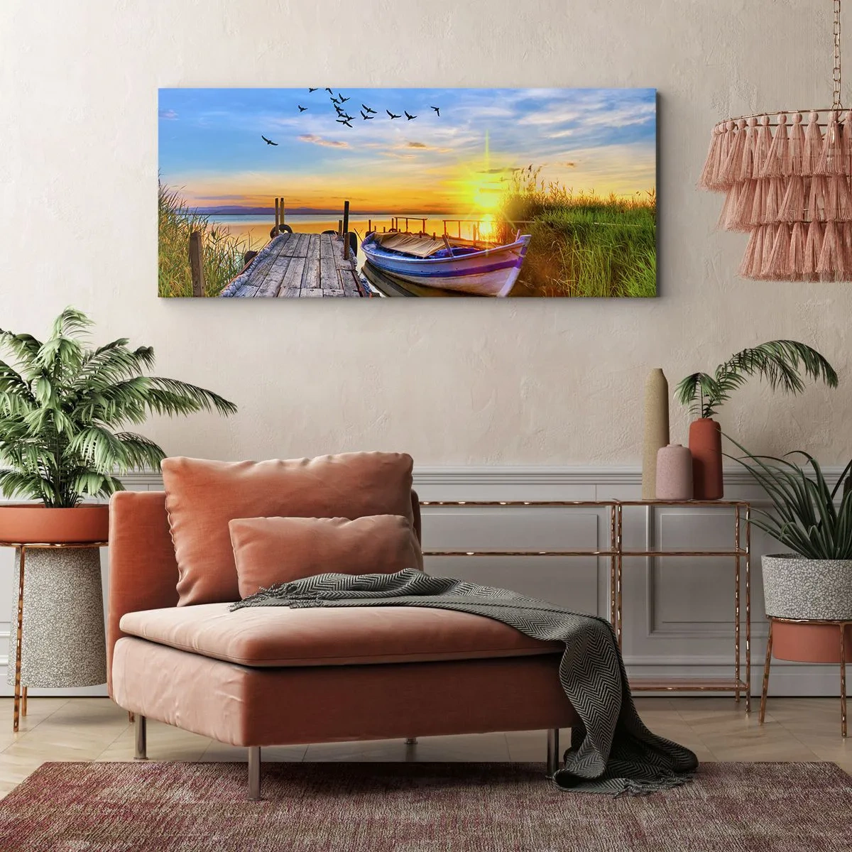Impression sur toile - Image sur toile - Un bateau sur une jetée en bois au coucher du soleil - 120x50cm - Au revoir, à demain - Décoration murale moderne pour le salon et la chambre ARTTOR