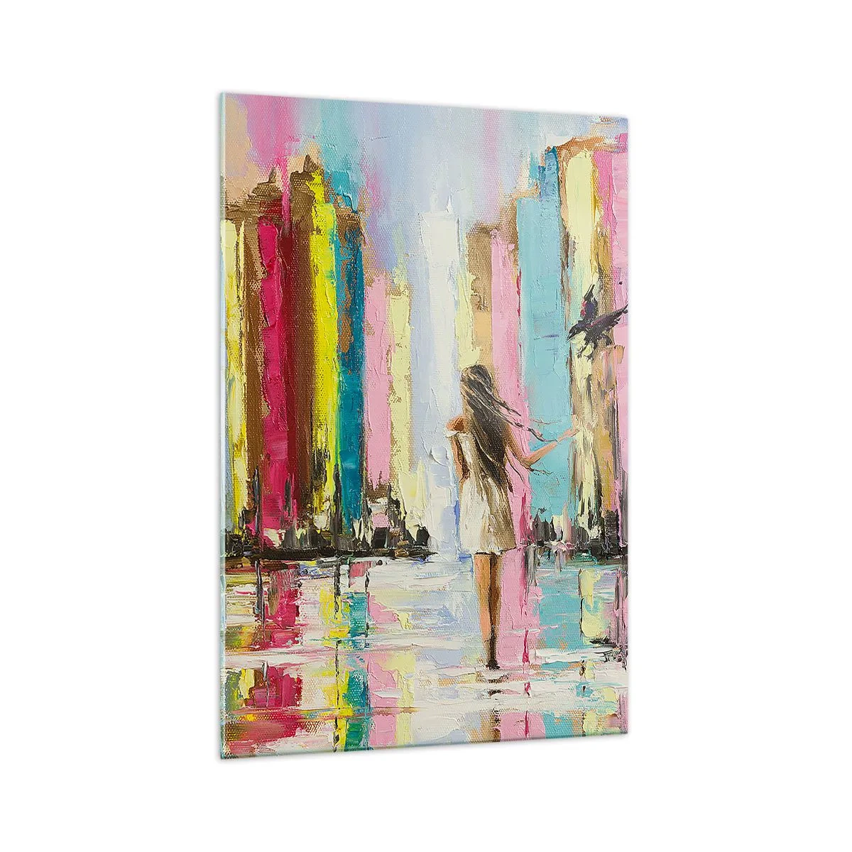 Impression sur verre - Image sur verre - Une ville colorée et une femme en robe blanche avec un oiseau - 70x100cm - Viens avec moi - Décoration murale moderne pour le salon et la chambre ARTTOR