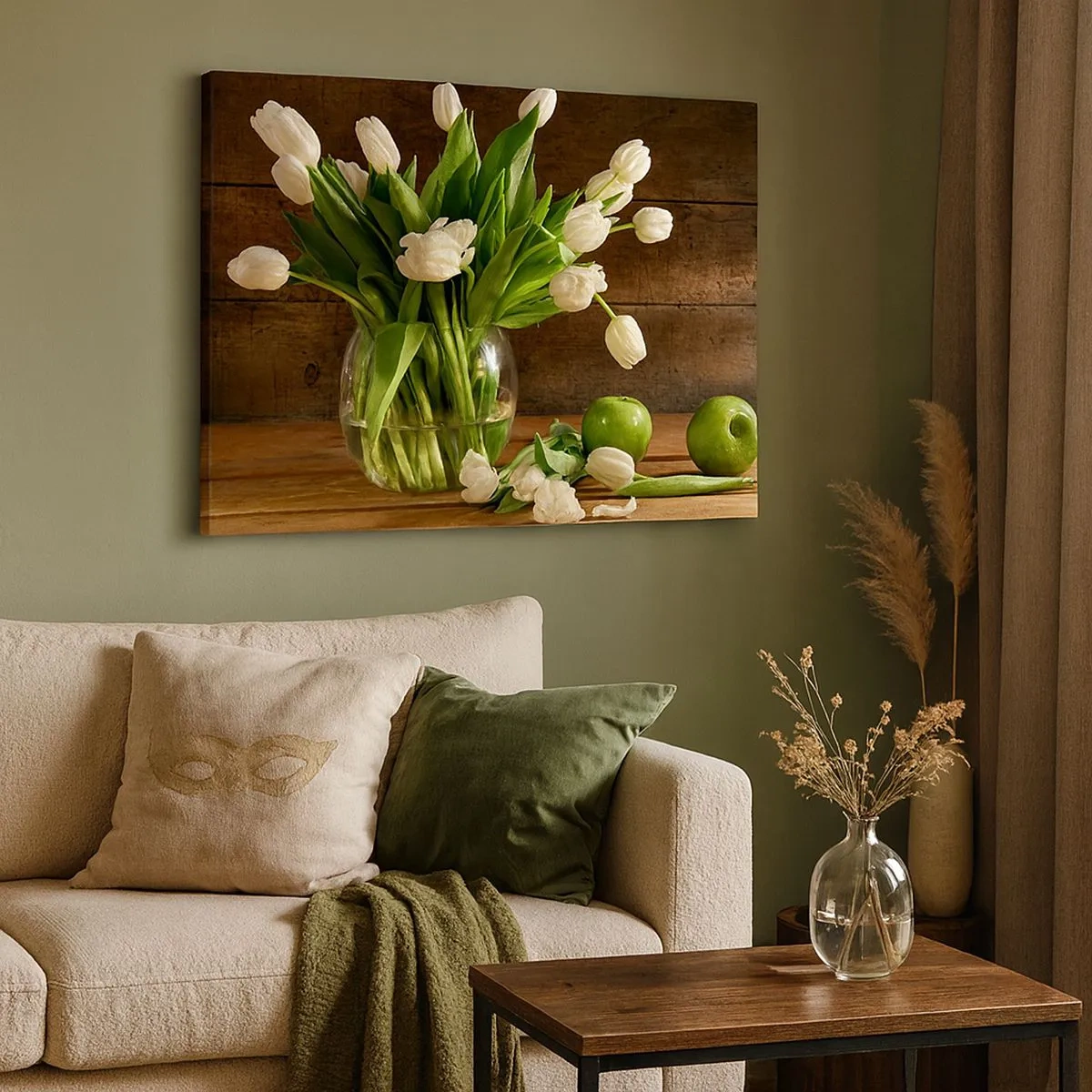 Impression sur toile - Image sur toile - Un bouquet de tulipes blanches dans un vase en verre avec des pommes vertes - 70x50cm - Juteux et frais en vert et blanc - Décoration murale moderne pour le salon et la chambre ARTTOR