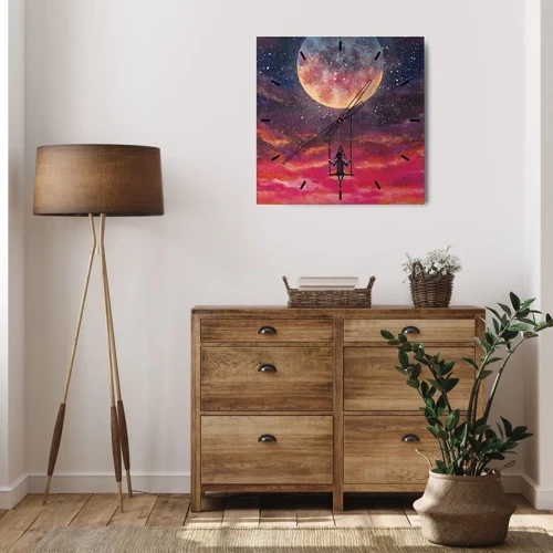 Horloge murale - Pendule murale - Une silhouette sur une balançoire suspendue contre la lune - 30x30cm - Se balancer dans les nuages - Décoration murale moderne pour le salon et la chambre ARTTOR