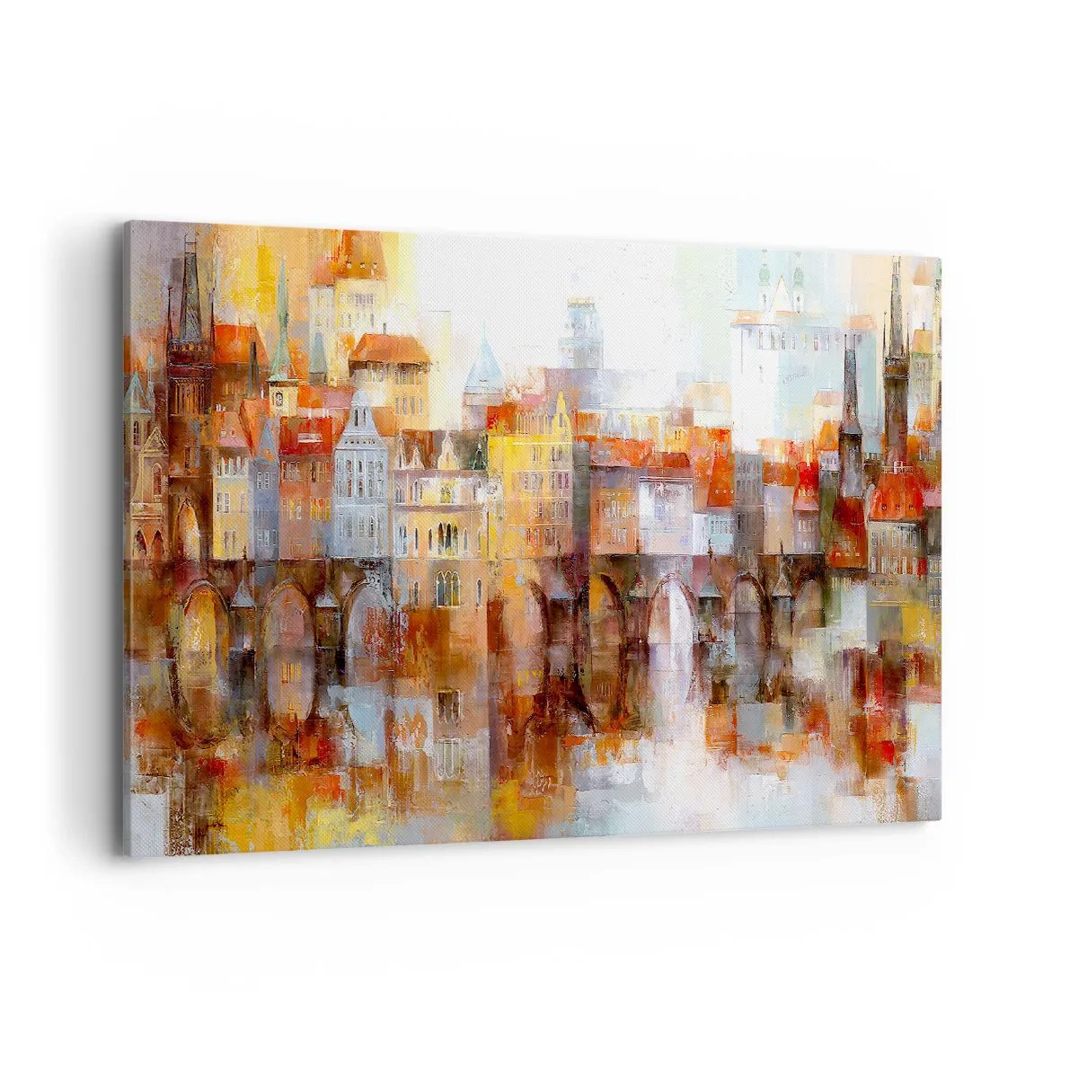 Impression sur toile - Image sur toile - Un panorama pittoresque de la ville avec un pont aux couleurs d'automne - 100x70cm - C'est aussi beau sous le pont - Décoration murale moderne pour le salon et la chambre ARTTOR