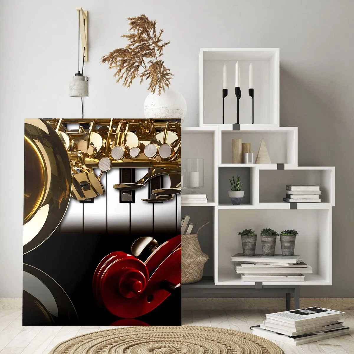 Impression sur verre - Image sur verre - Un saxophone doré, des touches de piano et un violon rouge - 70x100cm - Tôle, bois et ivoire - Décoration murale moderne pour le salon et la chambre ARTTOR