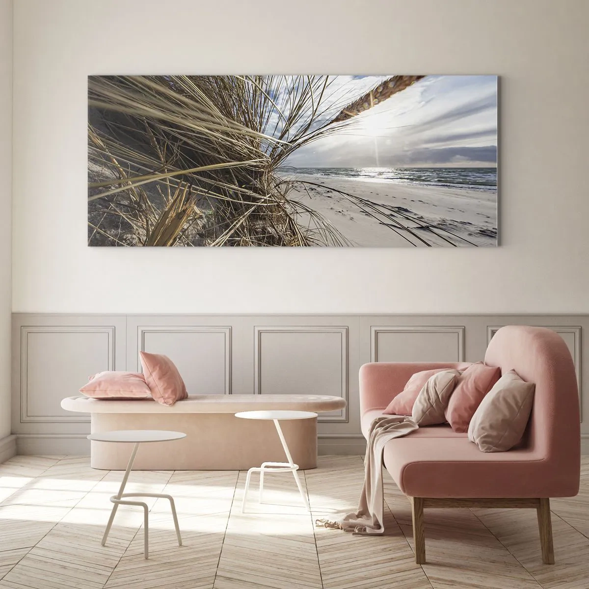 Impression sur verre - Image sur verre - Une plage avec de l'herbe sèche sur les dunes et une vue sur la mer - 120x50cm - Rencontre des éléments - Décoration murale moderne pour le salon et la chambre ARTTOR