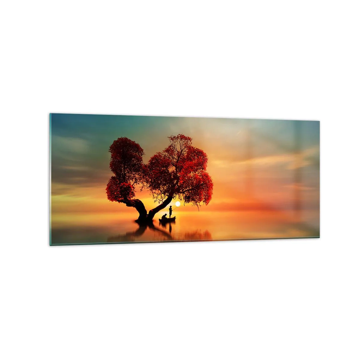 Impression sur verre - Image sur verre - Un arbre à feuilles rouges et un bateau sur l'eau au coucher du soleil - 120x50cm - Plénitude et éloignement sans monde - Décoration murale moderne pour le salon et la chambre ARTTOR