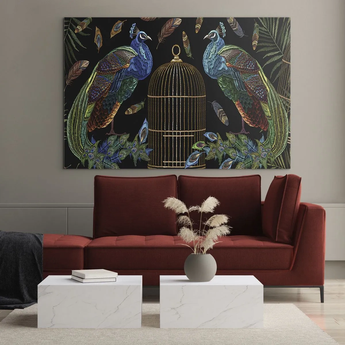 Impression sur verre - Image sur verre - Paons colorés et une cage sur fond noir - 120x80cm - En robes royales - Décoration murale moderne pour le salon et la chambre ARTTOR