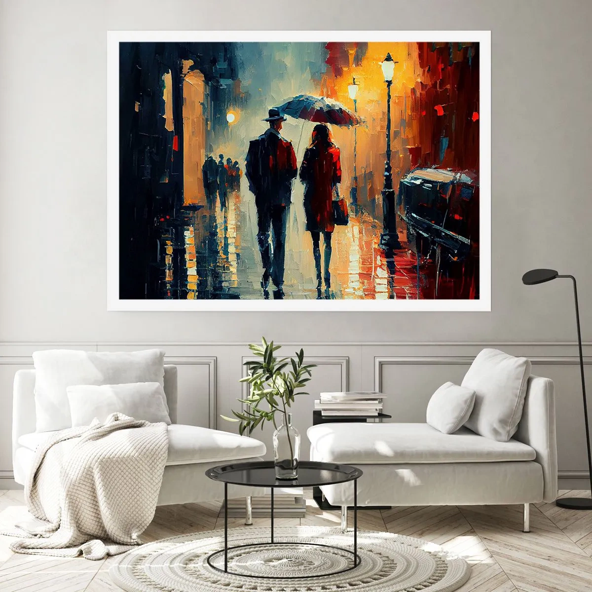 Affiche - Poster - Marcher sous la pluie sous un parapluie en ville la nuit - 100x70cm - Histoire d'amour urbaine - Décoration murale moderne pour le salon et la chambre ARTTOR