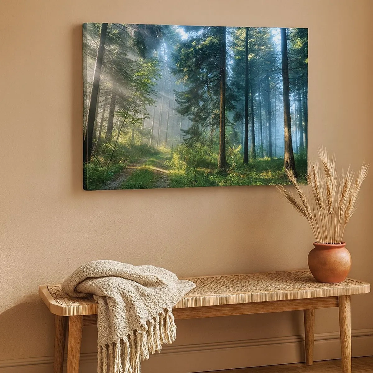 Impression sur toile - Image sur toile - Un chemin forestier illuminé par les rayons du soleil du matin - 70x50cm - Rayonnant le matin - Décoration murale moderne pour le salon et la chambre ARTTOR