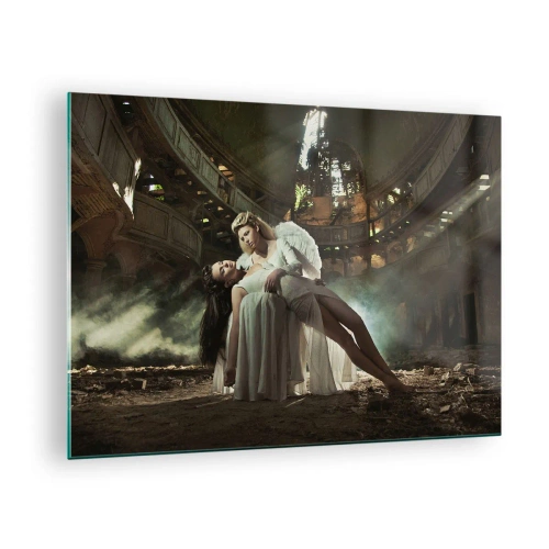 Impression sur verre - Image sur verre - Une figure d'ange tenant une femme dans les ruines d'un bâtiment - 70x50cm - L'esprit du théâtre ancien - Décoration murale moderne pour le salon et la chambre ARTTOR