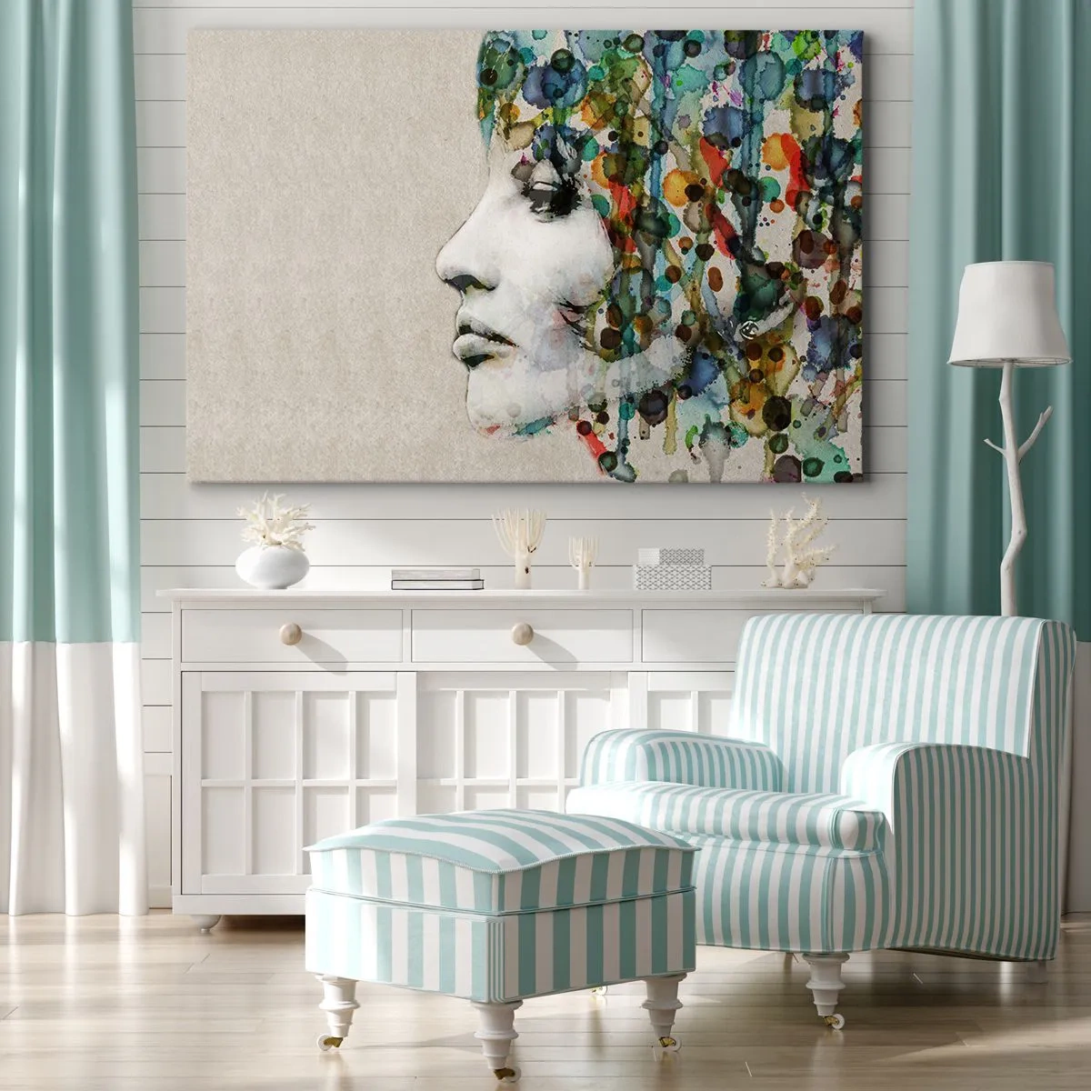 Impression sur toile - Image sur toile - Profil d'une femme aux couleurs aquarelles avec un fond abstrait - 120x80cm - Elle est sortie de la grisaille - Décoration murale moderne pour le salon et la chambre ARTTOR