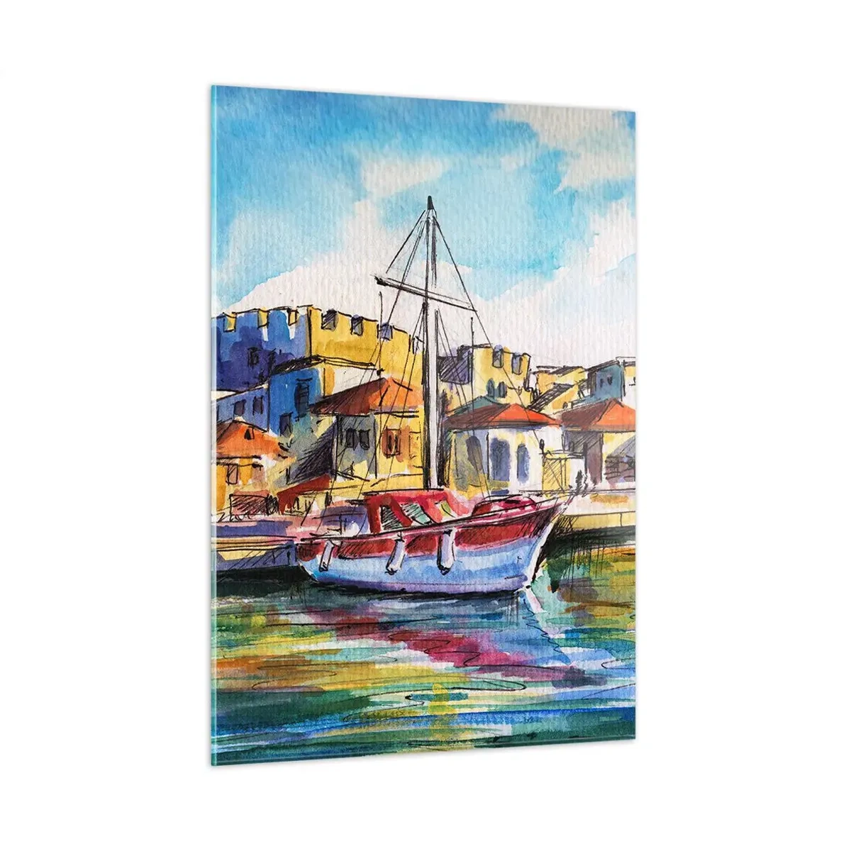 Impression sur verre - Image sur verre - Une marina colorée avec un voilier et une architecture méditerranéenne - 50x70cm - Après-midi arc-en-ciel - Décoration murale moderne pour le salon et la chambre ARTTOR