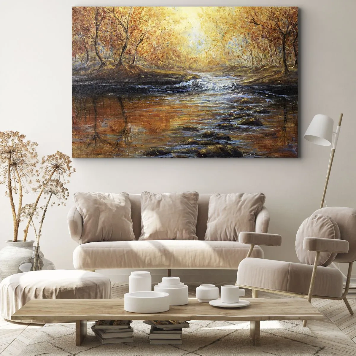 Impression sur toile - Image sur toile - Paysage d'automne avec une rivière parmi les arbres - 70x50cm - Le ruisseau d'or - Décoration murale moderne pour le salon et la chambre ARTTOR