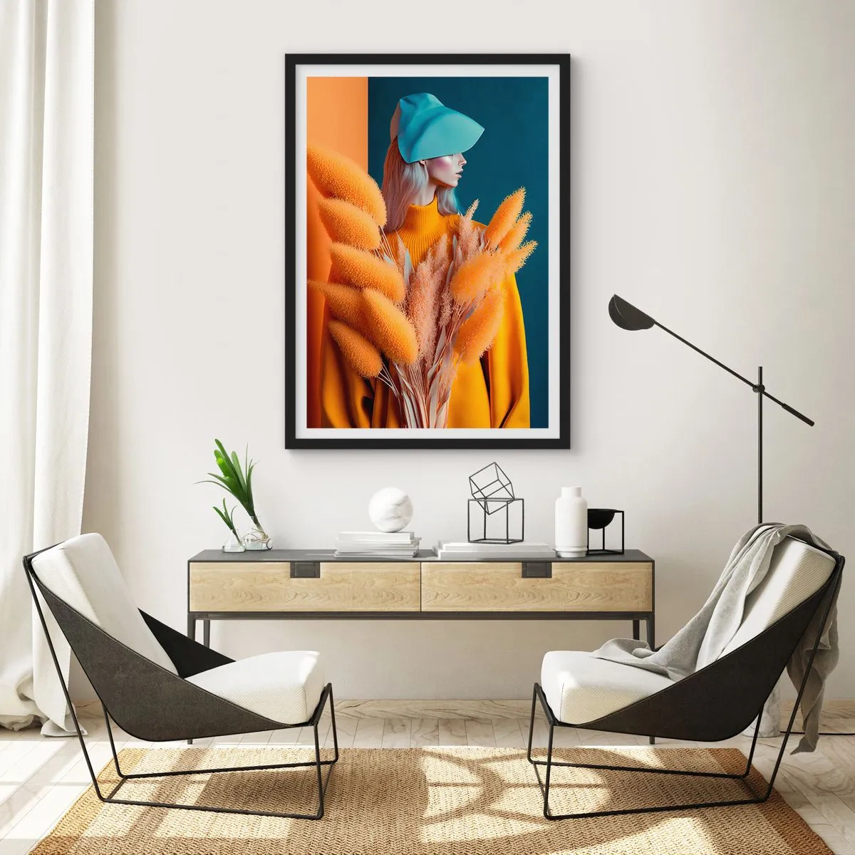 Affiche dans un cadre noir - Poster - Un portrait moderne d'une femme aux couleurs chaudes - 50x70cm - Portrait moelleux - Décoration murale moderne pour le salon et la chambre ARTTOR