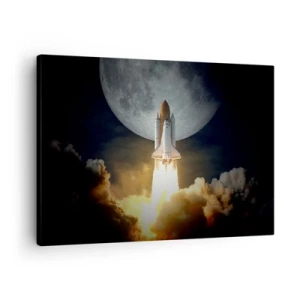 Impression sur toile - Image sur toile - Une fusée décollant sur fond de pleine lune entourée de nuages dynamiques. - 70x50cm - Le début d'une aventure surnaturelle - Décoration murale moderne pour le salon et la chambre ARTTOR