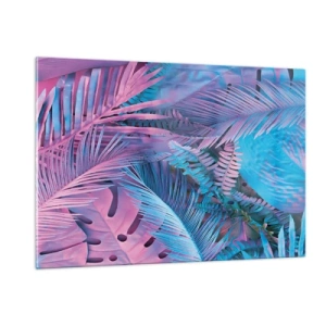 Impression sur verre - Image sur verre - Feuilles tropicales dans des tons de rose et de bleu sur un fond néon - 120x80cm - Les tropiques en rose et bleu - Décoration murale moderne pour le salon et la chambre ARTTOR
