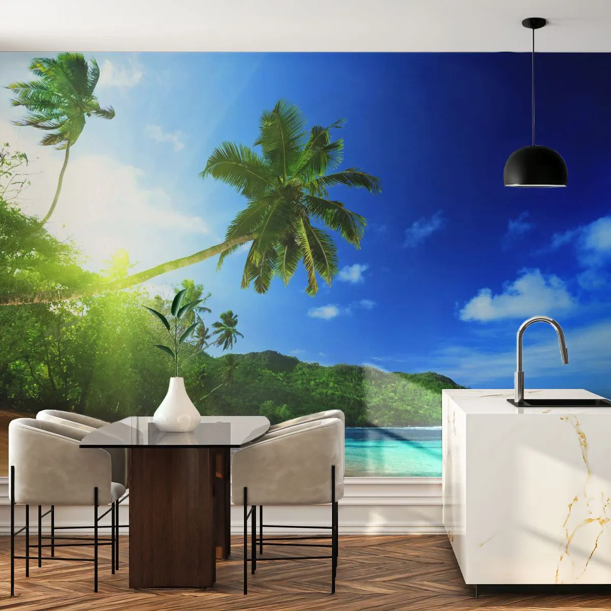 Papier Peint Photo Premium Sand - Une plage exotique avec des palmiers et une mer turquoise - 100x70cm - La douceur des tropiques - Décoration murale moderne pour le salon et la chambre ARTTOR