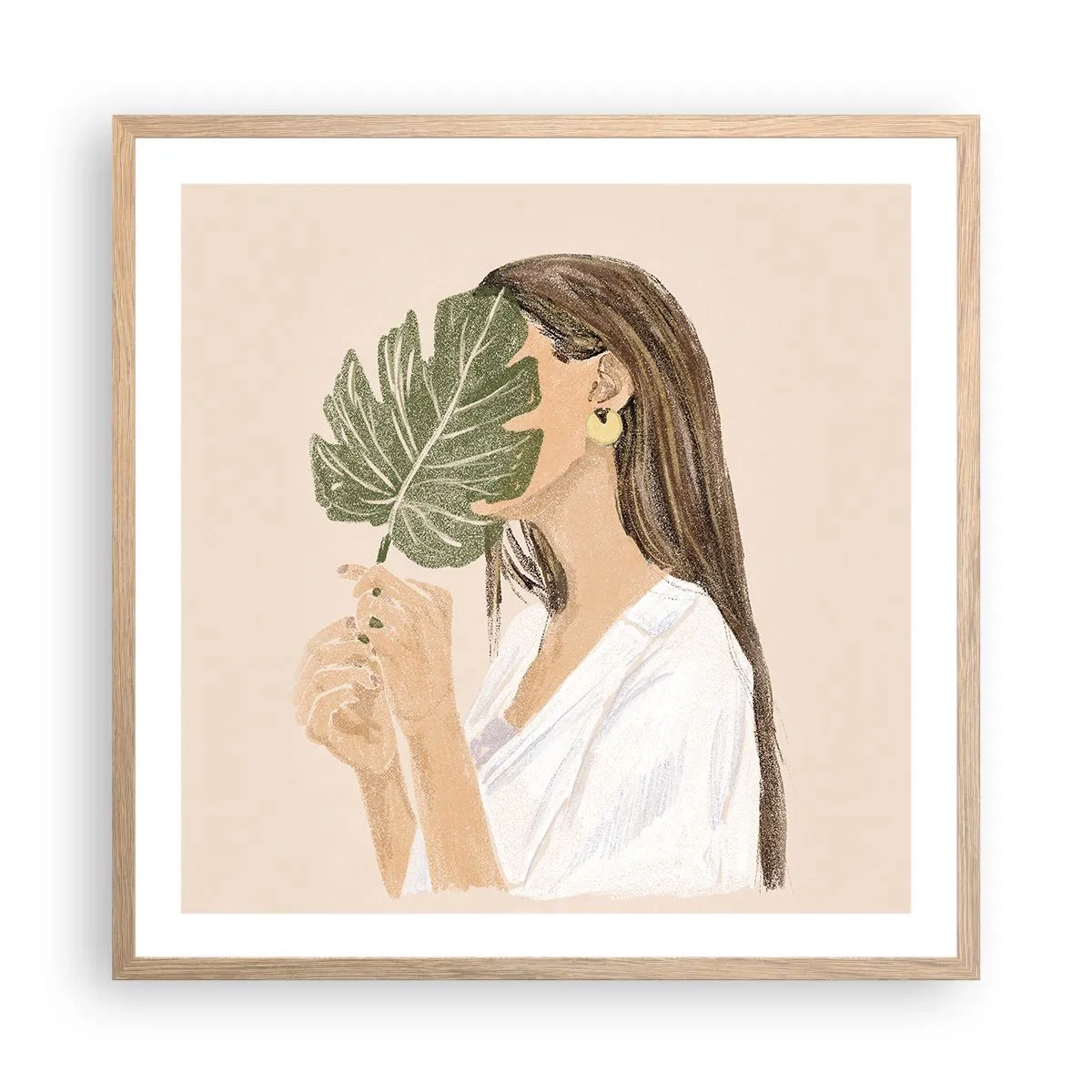 Affiche dans un chêne clair - Poster - Portrait mystérieux avec un éventail - 60x60 cm