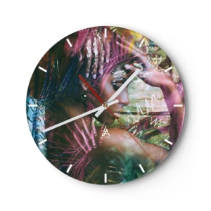 Horloge murale - Pendule murale - Portrait d'une femme avec des éléments de la nature et des feuilles colorées en arrière-plan - 30x30cm - Dame Nature dans la jungle - Décoration murale moderne pour le salon, la cuisine et la chambre ARTTOR