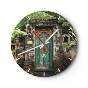 Horloge murale - Pendule murale - Une porte verte ornée dans un mur de pierre entouré de végétation - 30x30cm - Porte vers un monde exotique - Décoration murale moderne pour le salon, la cuisine et la chambre ARTTOR