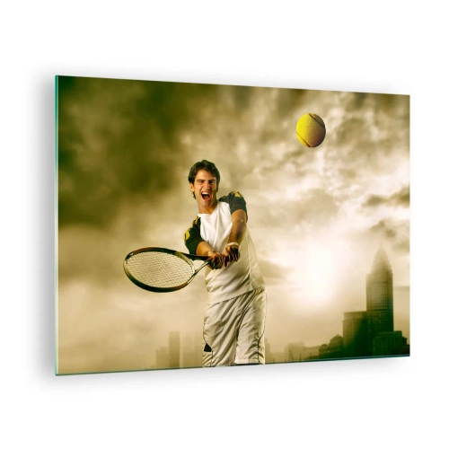 Impression sur verre - Image sur verre - Un joueur de tennis frappe la balle avec en arrière-plan une ville - 70x50cm - Énergie et joie - Décoration murale moderne pour le salon et la chambre ARTTOR