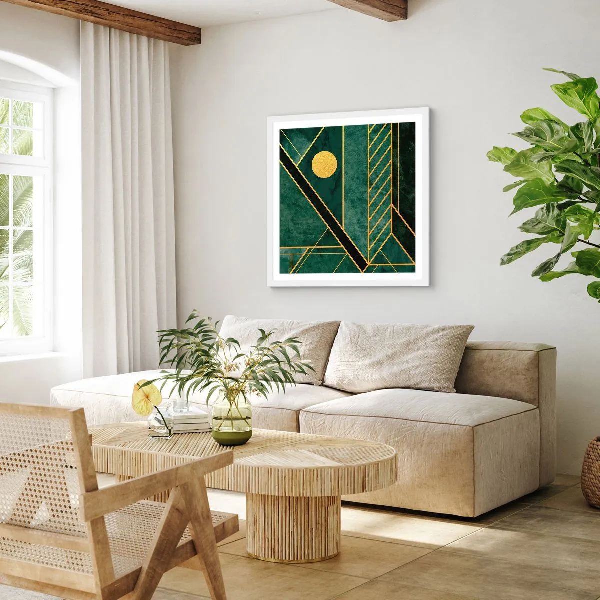 Affiche dans un cadre blanc - Poster - Dynamique or et azur - 40x40 cm