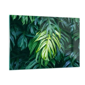 Impression sur verre - Image sur verre - Feuilles de monstera vertes luxuriantes à la lumière naturelle - 120x80cm - Immergez-vous dans la fraîcheur - Décoration murale moderne pour le salon et la chambre ARTTOR
