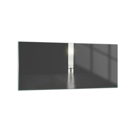 Impression sur verre - Image sur verre - Un homme debout dans la lumière d'une fente étroite dans un espace sombre - 120x50cm - Étape vers un avenir radieux - Décoration murale moderne pour le salon et la chambre ARTTOR