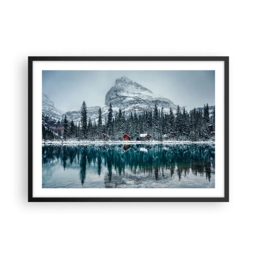 Affiche dans un cadre noir - Poster - Paysage d'hiver avec des chalets dans la forêt au bord d'un lac gelé - 70x50cm - Retraite canadienne - Décoration murale moderne pour le salon et la chambre ARTTOR