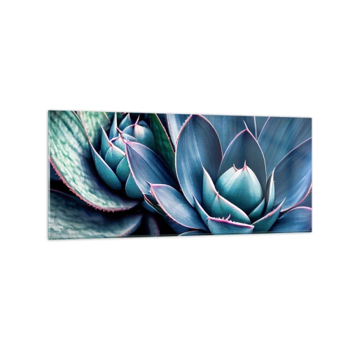Impression sur verre - Image sur verre - Agave dans des tons de bleu et de vert avec des accents roses - 120x50cm - Force vital - Décoration murale moderne pour le salon et la chambre ARTTOR