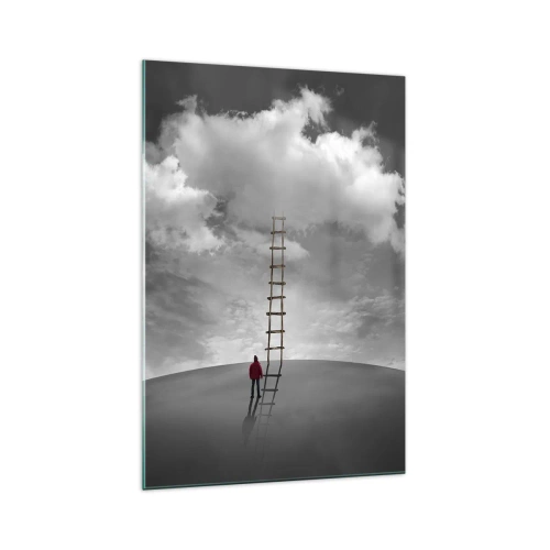 Impression sur verre - Image sur verre - Une personne portant un manteau rouge et une échelle menant à un nuage - 70x100cm - Tout est possible - Décoration murale moderne pour le salon et la chambre ARTTOR