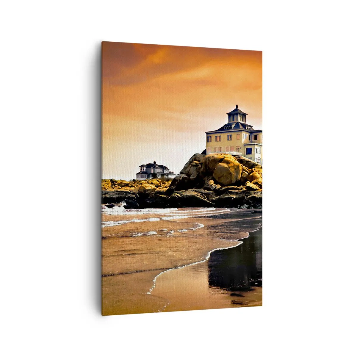 Impression sur toile - Image sur toile - Une maison sur un rocher près de la plage au coucher du soleil avec son reflet dans l'eau - 80x120cm - L'élégance de la côte ouest - Décoration murale moderne pour le salon et la chambre ARTTOR