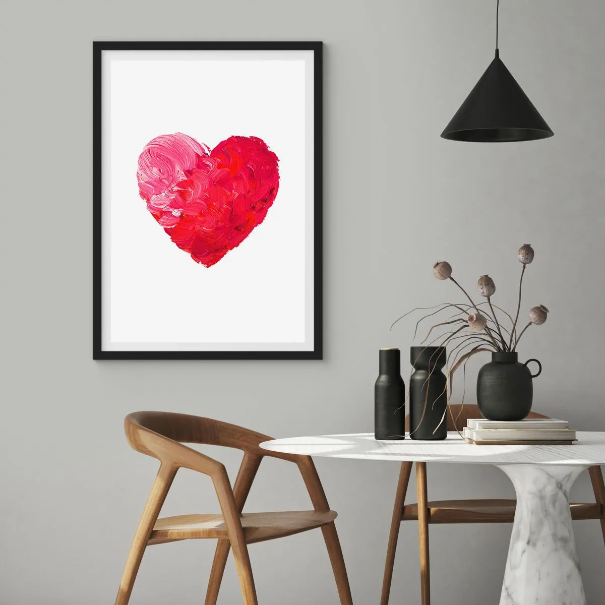Affiche dans un cadre noir - Poster - Coeur dans les tons rouges et roses - 50x70cm - All you need is love - Décoration murale moderne pour le salon et la chambre ARTTOR