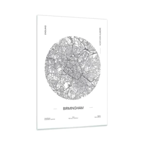 Impression sur verre - Image sur verre - Une carte minimaliste en noir et blanc de Birmingham avec des détails précis. - 70x100cm - Anatomie de Birmingham - Décoration murale moderne pour le salon et la chambre ARTTOR