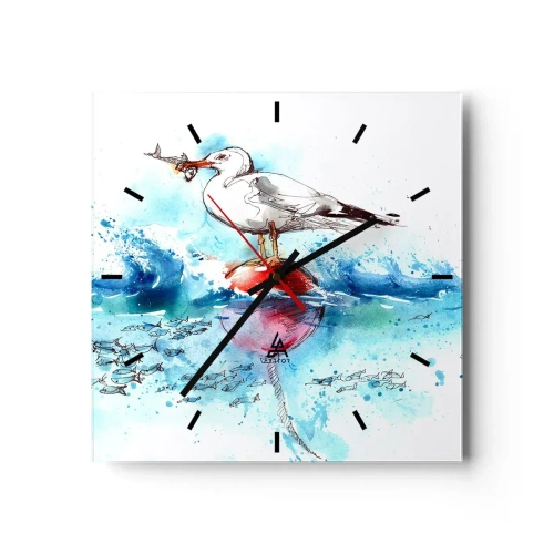 Horloge murale - Pendule murale - Mouette sur une bouée avec des poissons en arrière-plan dans un style aquarelle - 30x30cm - Prise réussie - Décoration murale moderne pour le salon et la chambre ARTTOR
