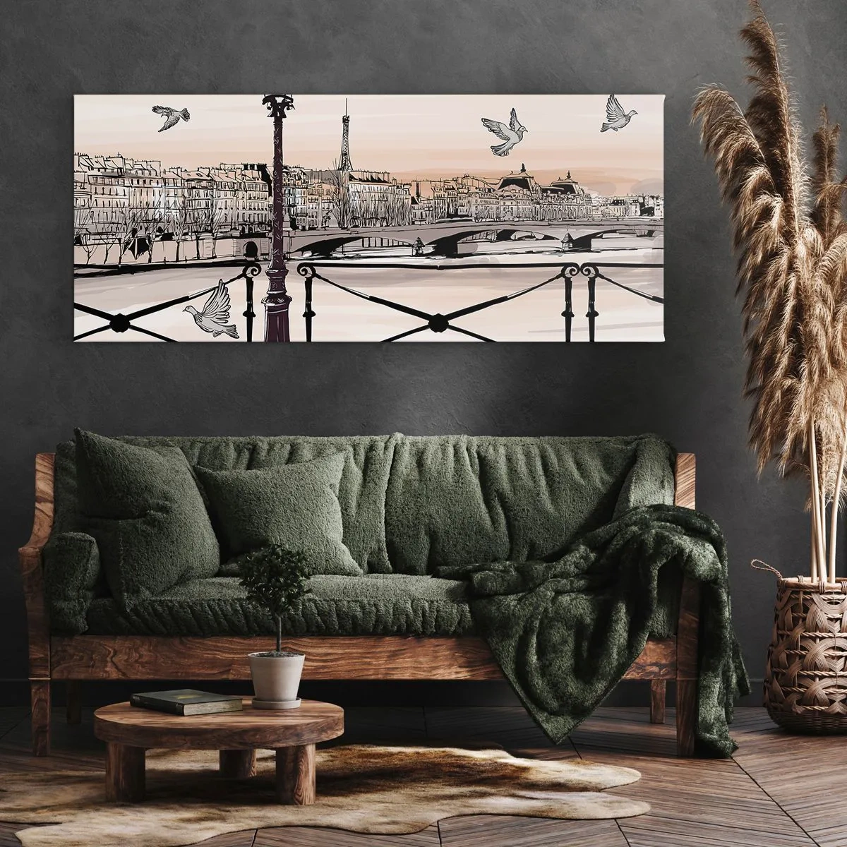 Impression sur toile - Image sur toile - Vue parisienne avec une lanterne et un pont - 140x50cm - Sur les toits de Paris - Décoration murale moderne pour le salon et la chambre ARTTOR