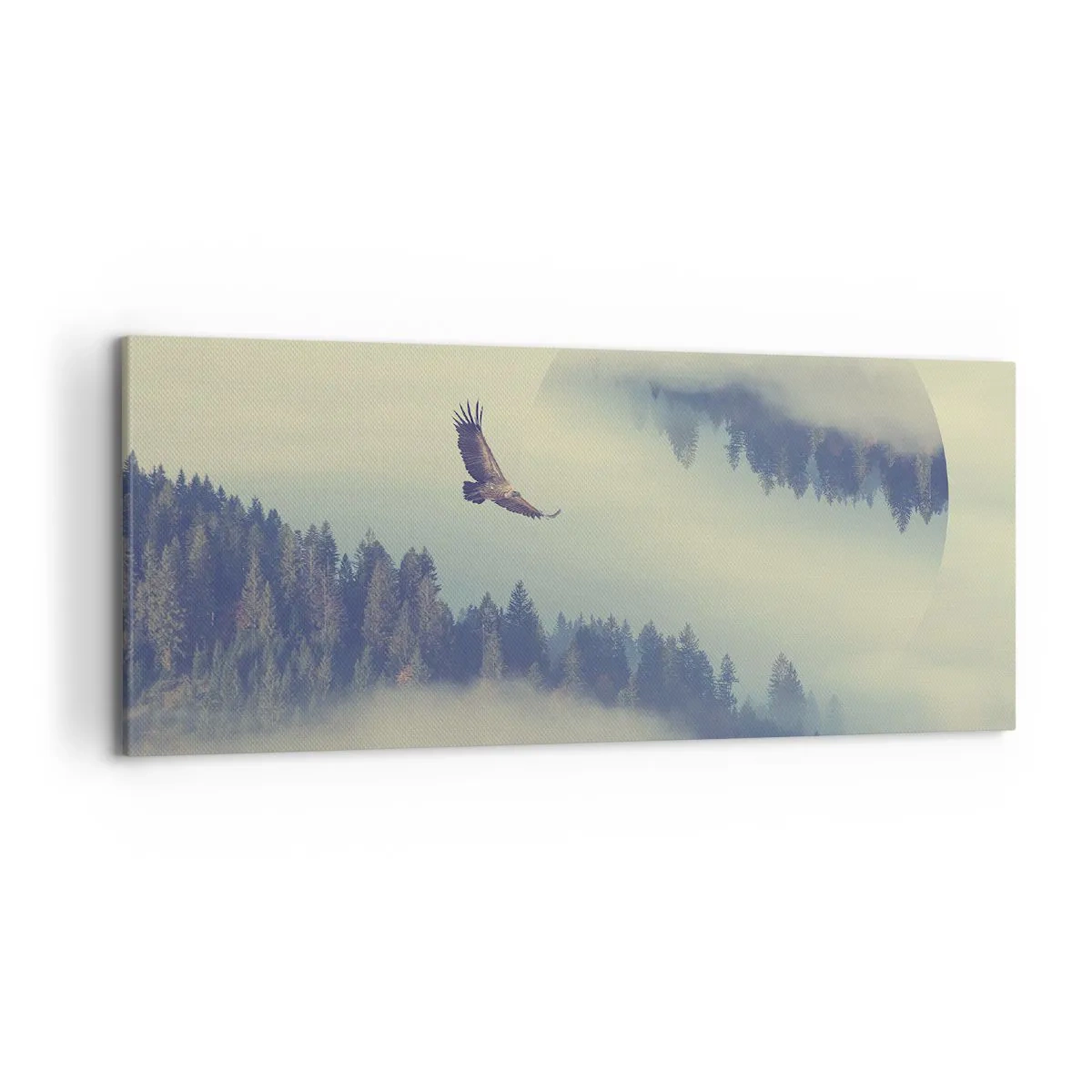 Impression sur toile - Image sur toile - Un aigle en vol sur fond de montagnes brumeuses avec un motif circulaire artistique - 120x50cm - J'ai vu l'ombre d'un aigle - Décoration murale moderne pour le salon et la chambre ARTTOR