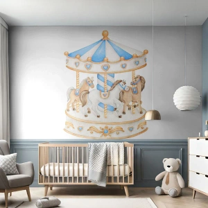 Papier Peint Photo Premium Sand - Un carrousel avec des chevaux aux couleurs pastel sur fond blanc - 100x70cm - Douce enfance - Décoration murale moderne pour le salon et la chambre ARTTOR