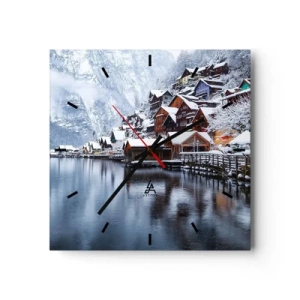 Horloge murale - Pendule murale - Vue hivernale d'un village de montagne au bord du lac - 30x30cm - En décoration hivernale - Décoration murale moderne pour le salon et la chambre ARTTOR